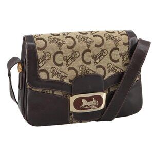 Authentic CELINE C Sulky Shoulder Bag Canvas Leather Beige Brown Gold